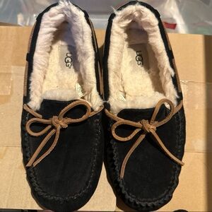 UGG Black Suede Moccasin Slippers with Tan Laces